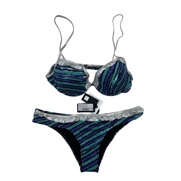 New Just Cavalli Women XS Bikini Two Piece Swimsuit Blue Silver Striped Push-Up - Picture 14 of 15